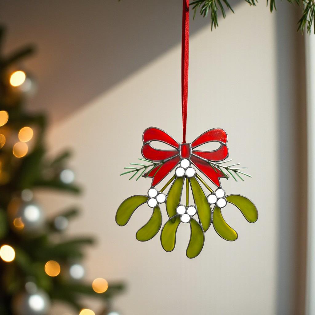 Custom Stained Glass Christmas Ornament Mistletoe Holly,Festive Holiday Decor, Unique Handmade Sun catcher Gift, Custom Color Ribbon Options - Image 2