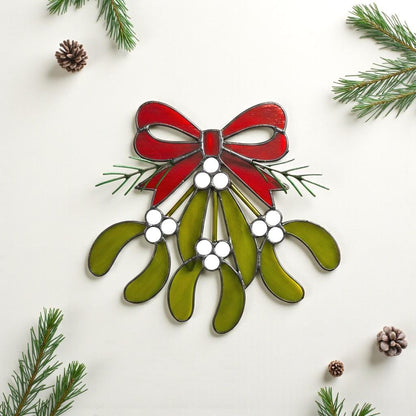 Custom Stained Glass Christmas Ornament Mistletoe Holly,Festive Holiday Decor, Unique Handmade Sun catcher Gift, Custom Color Ribbon Options - Image 1