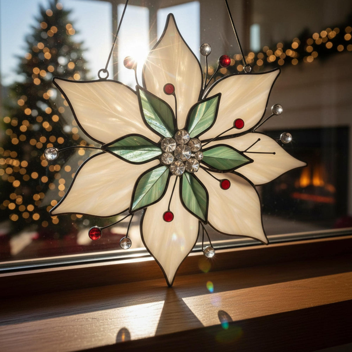 Stained Glass Poinsettia Suncatcher, Custom Christmas Window Decor, Holiday Poinsettia Gift for Mom, 5 Designs, Ready to Hang - Image 6