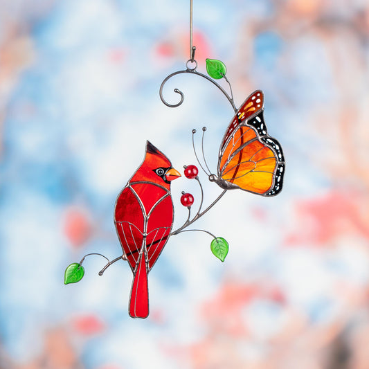 Cardinal stained glass memorial suncatcher Godmother gift Monarch butterfly stained glass window hangings Garden stakes New home gift - Image 1