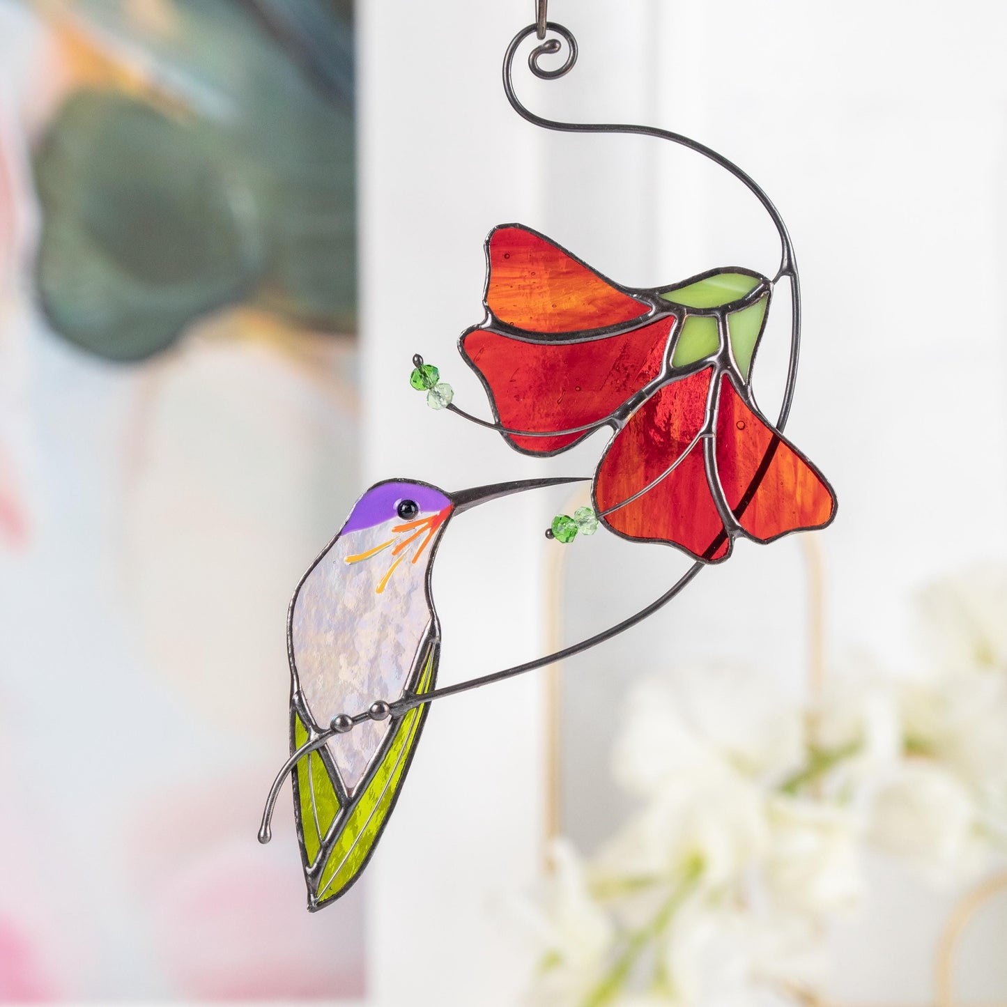 Hummingbird stained glass sun catcher Grandma gifts Flower stained glass window hangings - Image 13