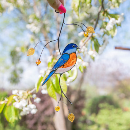 Bluebird stained glass window hangings Unique gift for mom Stained glass bird ornament Bird wall art - Image 1