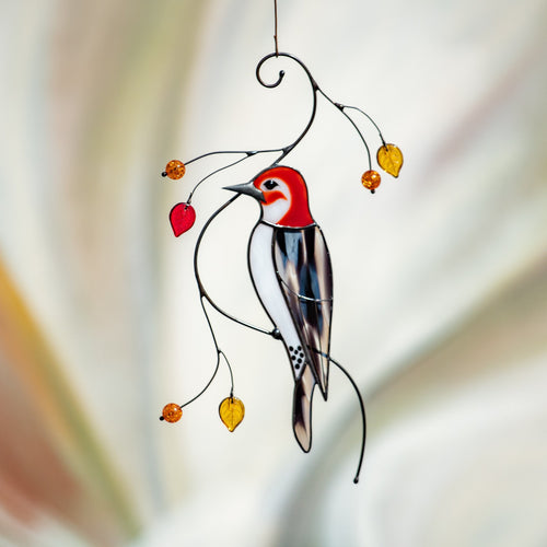 Woodpecker stained glass window hangings Godfather gift Stained glass fairy garden decoration Bird lover gifts - Image 1