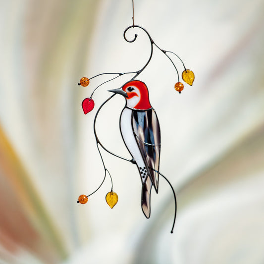 Woodpecker stained glass window hangings Godfather gift Stained glass fairy garden decoration Bird lover gifts - Image 1