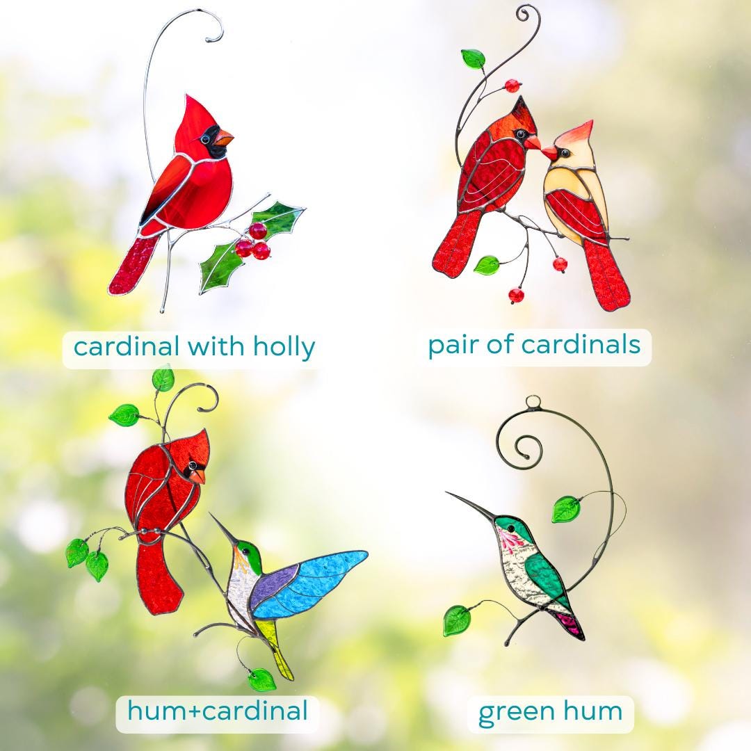 Cardinal stained glass bird Godfather gift Cardinal ornament stained glass suncatcher Bird lover gifts stained glass window hangings - Image 3