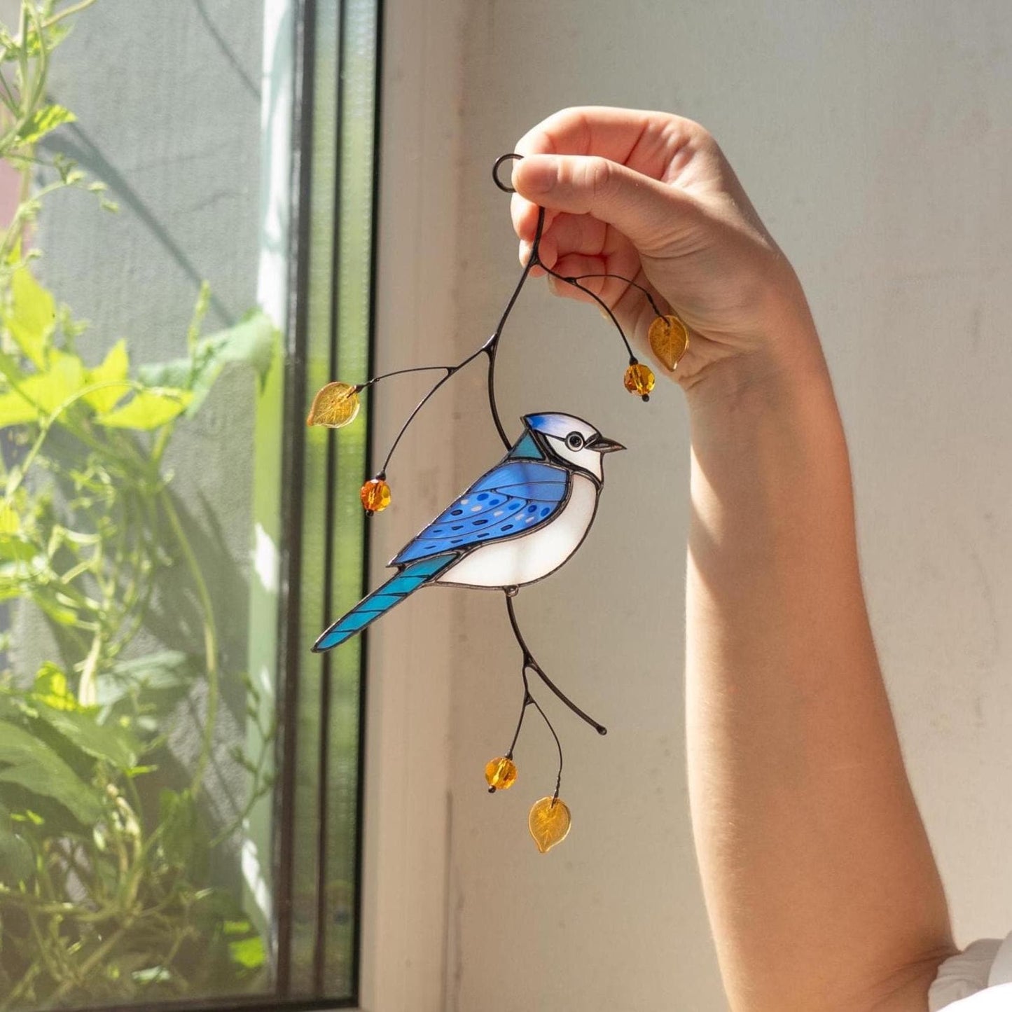 Blue jay stained glass suncatcher Gifts for sister Bird art stained glass window hangings New home ornament - Image 16