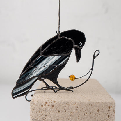 Raven stained glass bird suncatcher Patio decor Custom stained glass window hangings - Image 3