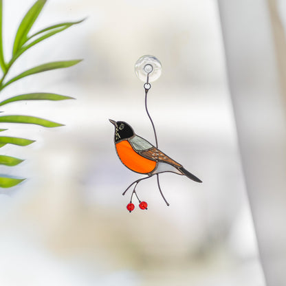 Stained glass American robin bird suncatcher Сottage core decor Glass bird window hangings - Image 1