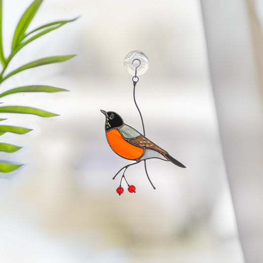 Stained glass American robin bird suncatcher Сottage core decor Glass bird window hangings - Image 1