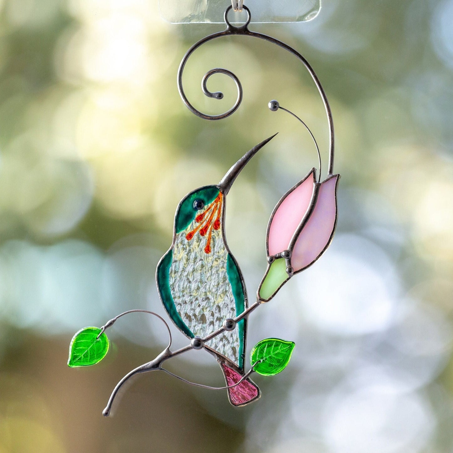 Hummingbird stained glass suncatcher, Pink flower window art gift for mom - Image 9