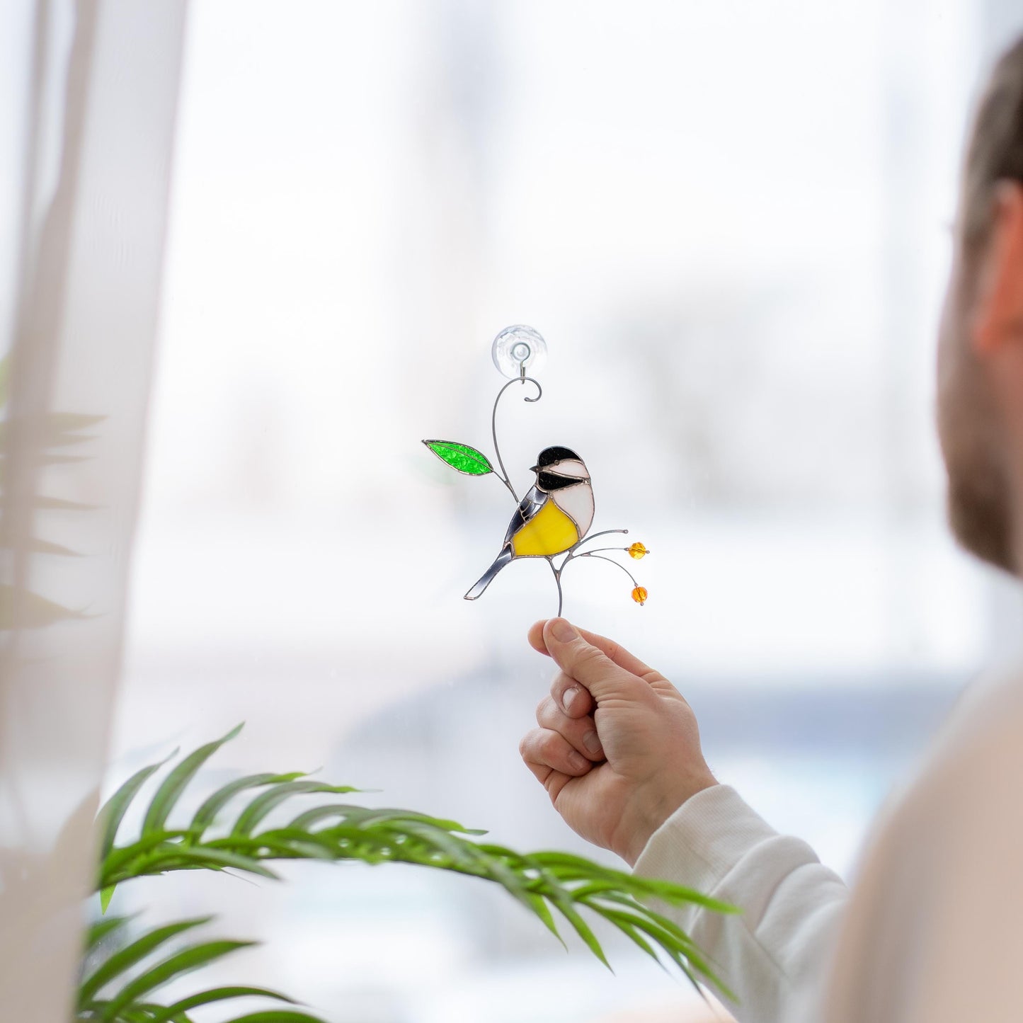 Chickadee stained glass bird suncatcher Unique gift for mom Spring decor window hangings - Image 12