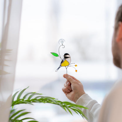 Chickadee stained glass bird suncatcher Unique gift for mom Spring decor window hangings - Image 12