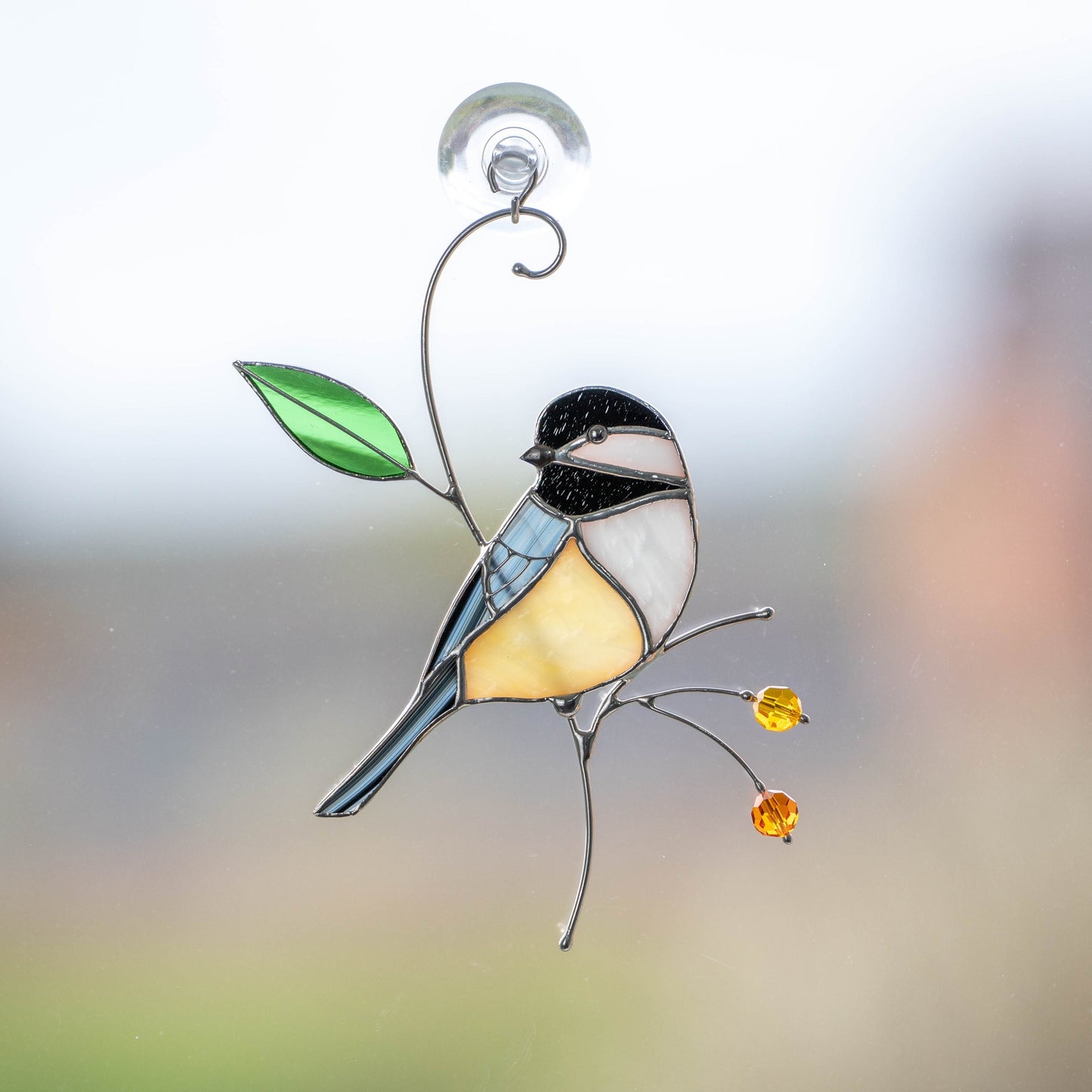 Chickadee stained glass bird suncatcher Unique gift for mom Spring decor window hangings - Image 1
