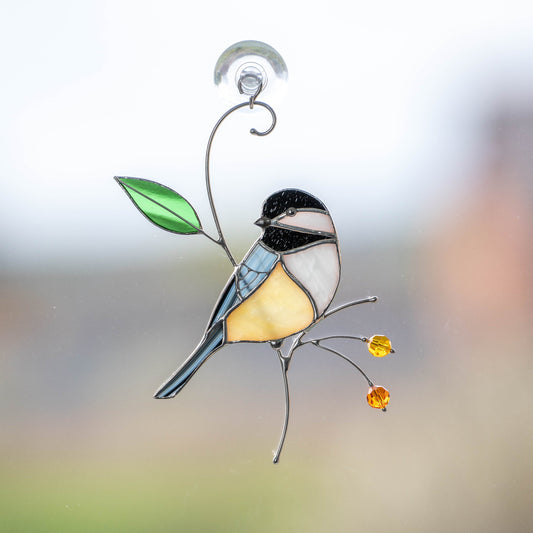 Chickadee stained glass bird suncatcher Unique gift for mom Spring decor window hangings - Image 1