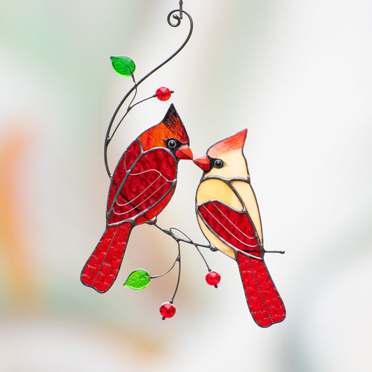 Cardinal stained glass window hangings Unique Gift For Mom Cardinal ornament Memorial suncatcher Unique garden gifts - Image 1