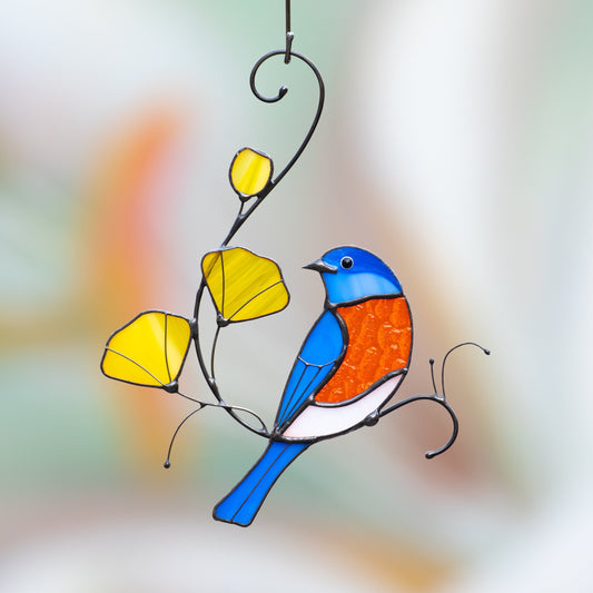 Stained glass bird suncatcher Grandparent gifts Eastern bluebird stained glass window hangings - Image 1