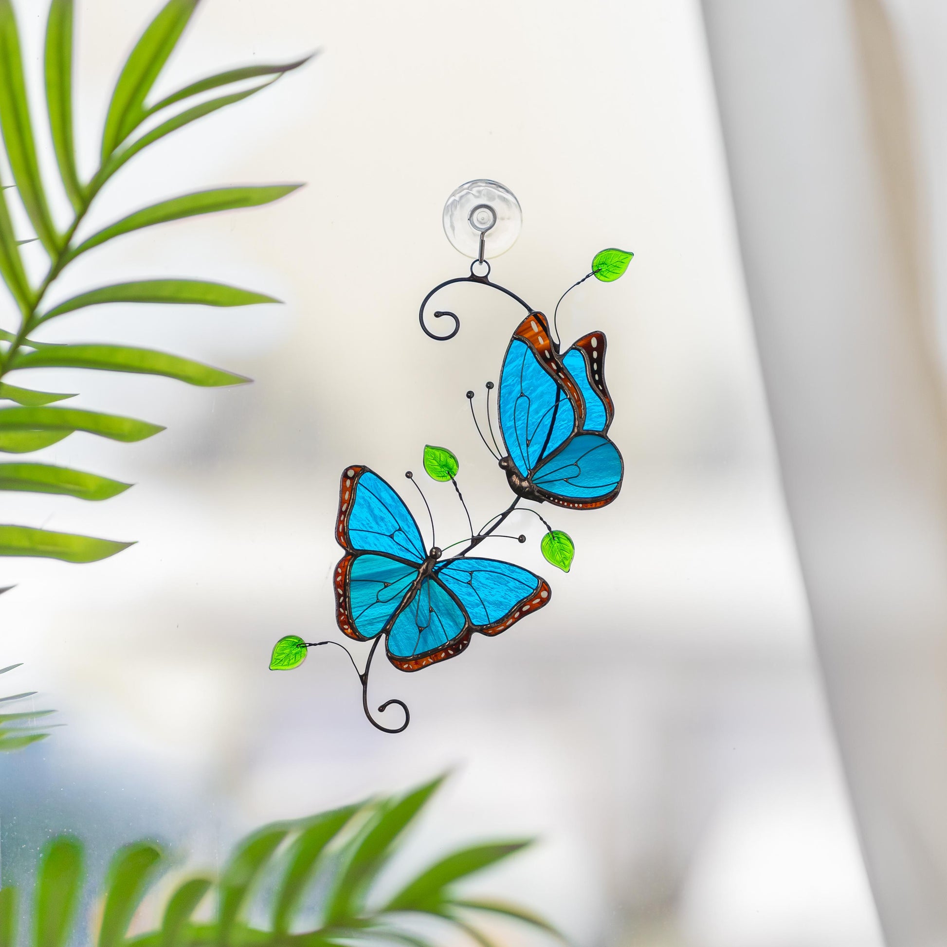 Blue Morpho butterfly stained glass window hangings Godmother gift Patio decor Yard art suncatcher - Image 13