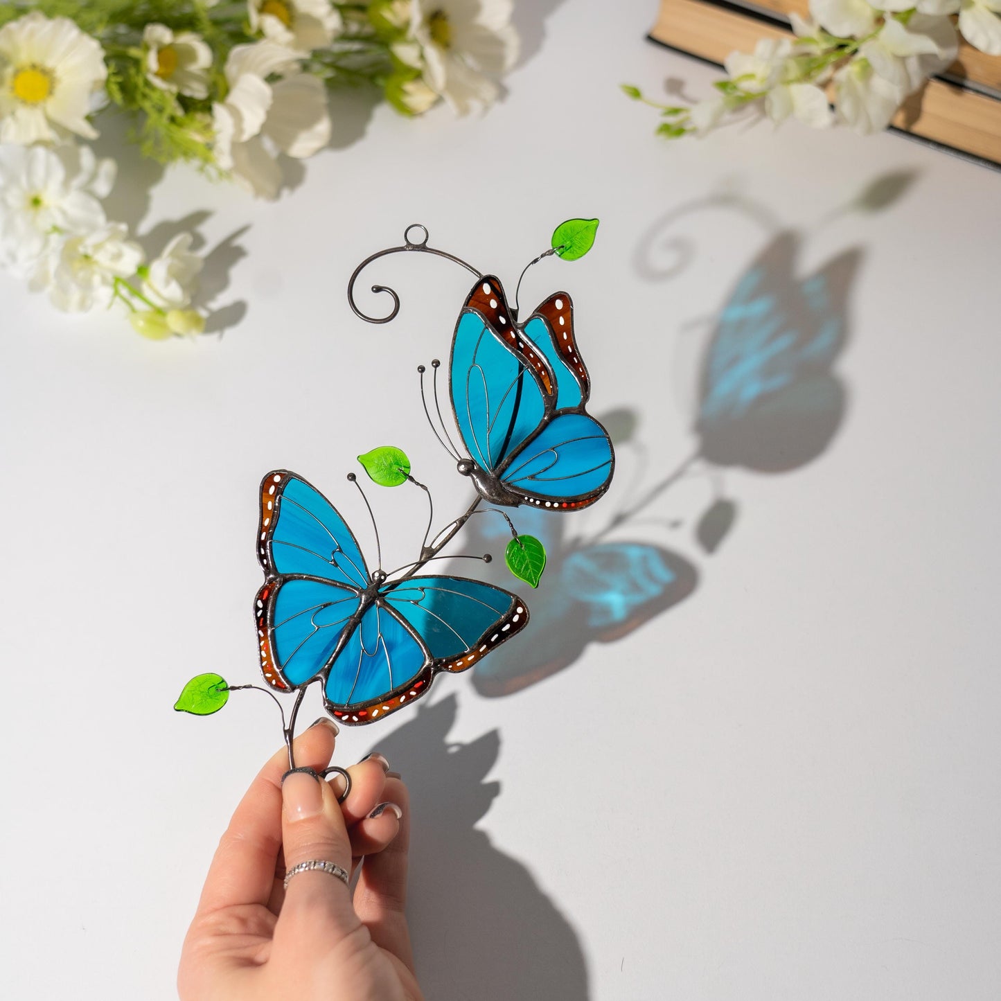 Blue Morpho butterfly stained glass window hangings Godmother gift Patio decor Yard art suncatcher - Image 16