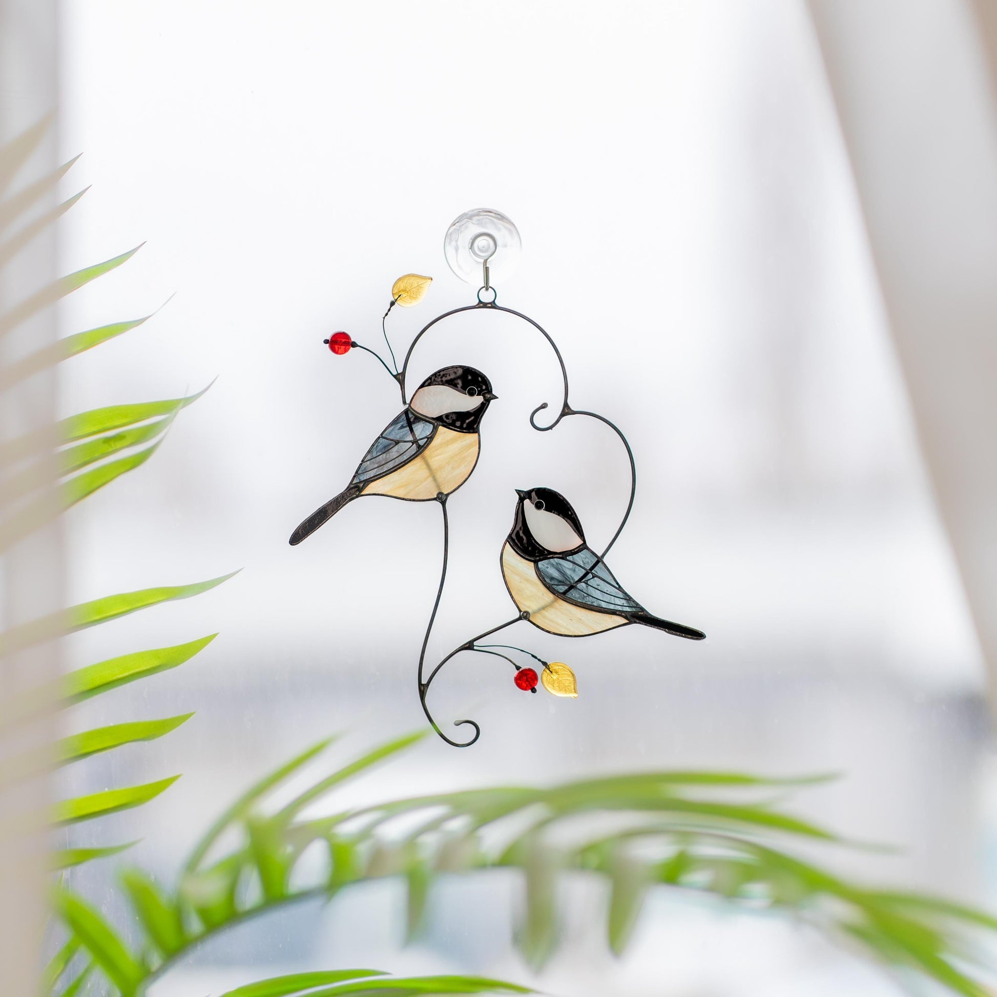 Couple of chickadees stained glass suncatcher Godmother gift Bird wall art - Image 5