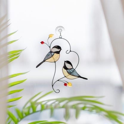 Couple of chickadees stained glass suncatcher Godmother gift Bird wall art - Image 5