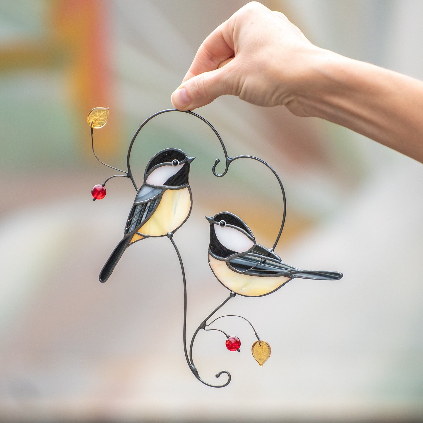 Couple of chickadees stained glass suncatcher Godmother gift Bird wall art - Image 1