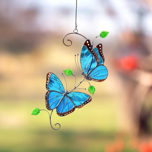 Blue Morpho butterfly stained glass window hangings Godmother gift Patio decor Yard art suncatcher - Image 1