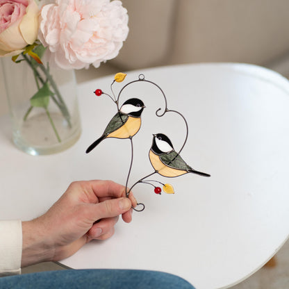 Couple of chickadees stained glass suncatcher Godmother gift Bird wall art - Image 9