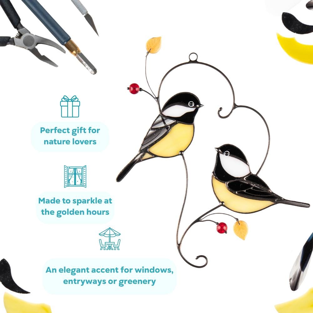Couple of chickadees stained glass suncatcher Godmother gift Bird wall art - Image 6