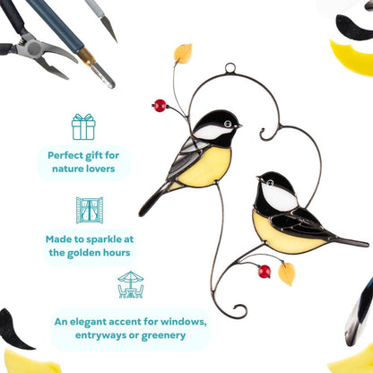 Couple of chickadees stained glass suncatcher Godmother gift Bird wall art - Image 6