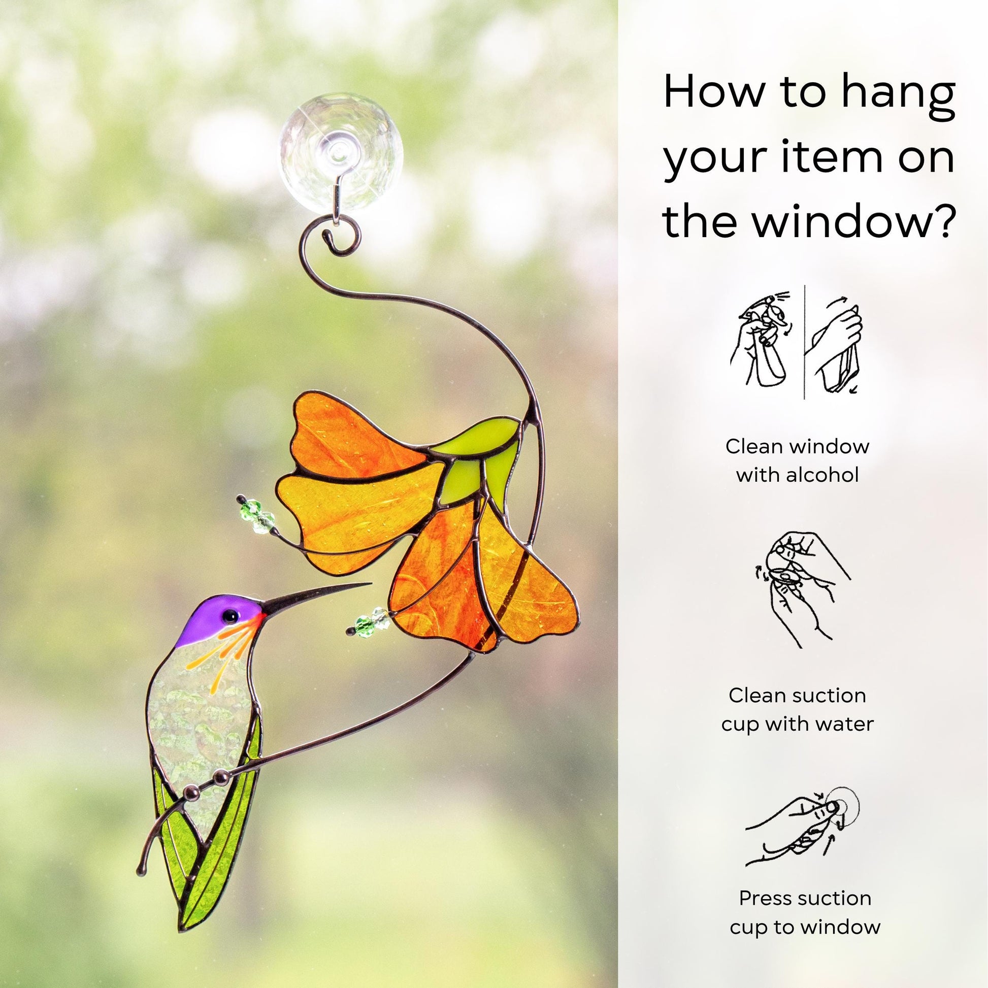 Hummingbird with red hibiscus stained glass suncatcher, Colorful bird art gift for bird lovers - Image 17