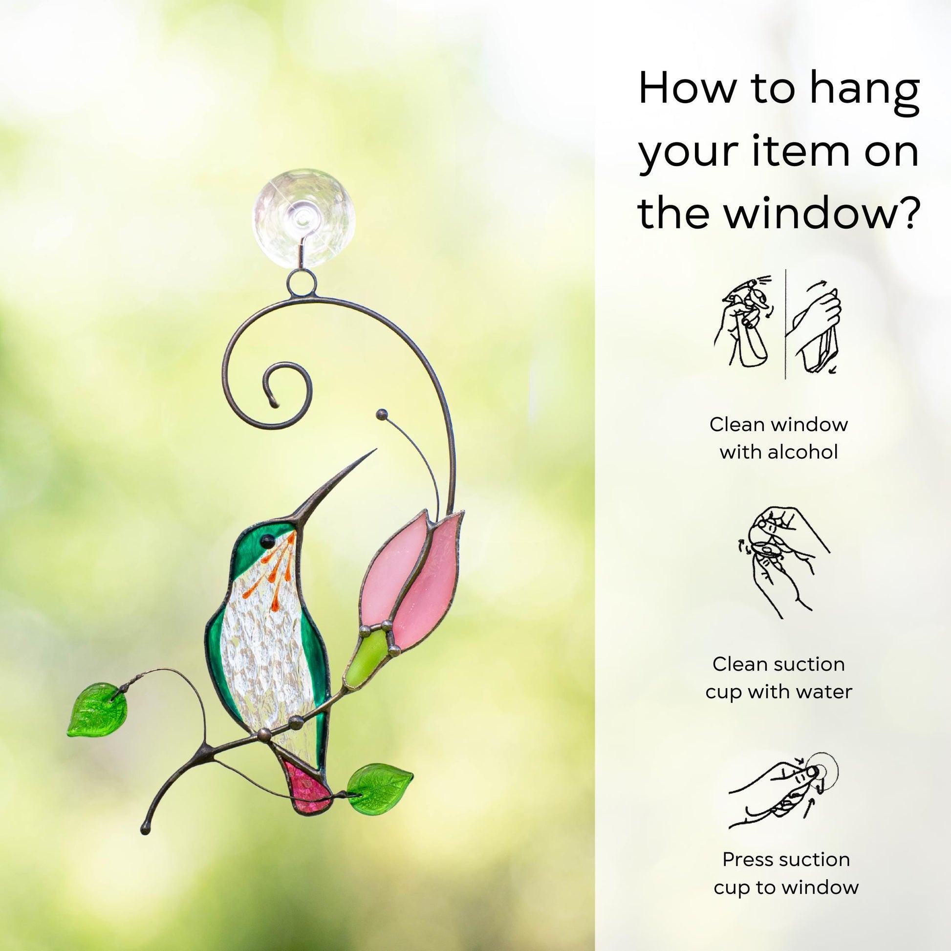 Hummingbird stained glass suncatcher, Pink flower window art gift for mom - Image 14