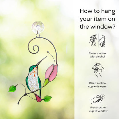Hummingbird stained glass suncatcher, Pink flower window art gift for mom - Image 14