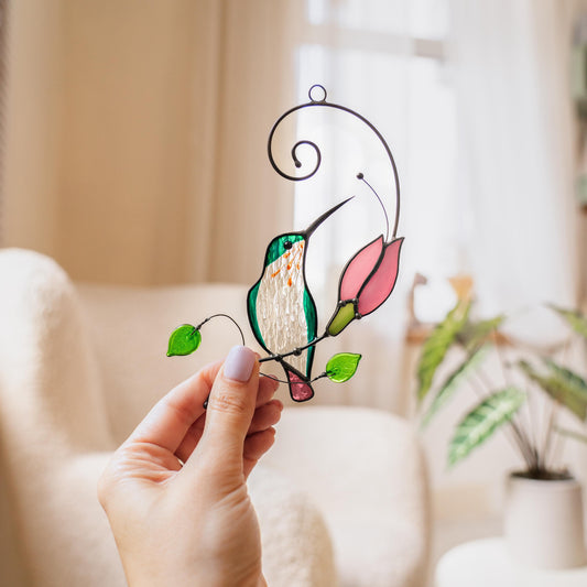 Hummingbird stained glass suncatcher, Pink flower window art gift for mom - Image 1