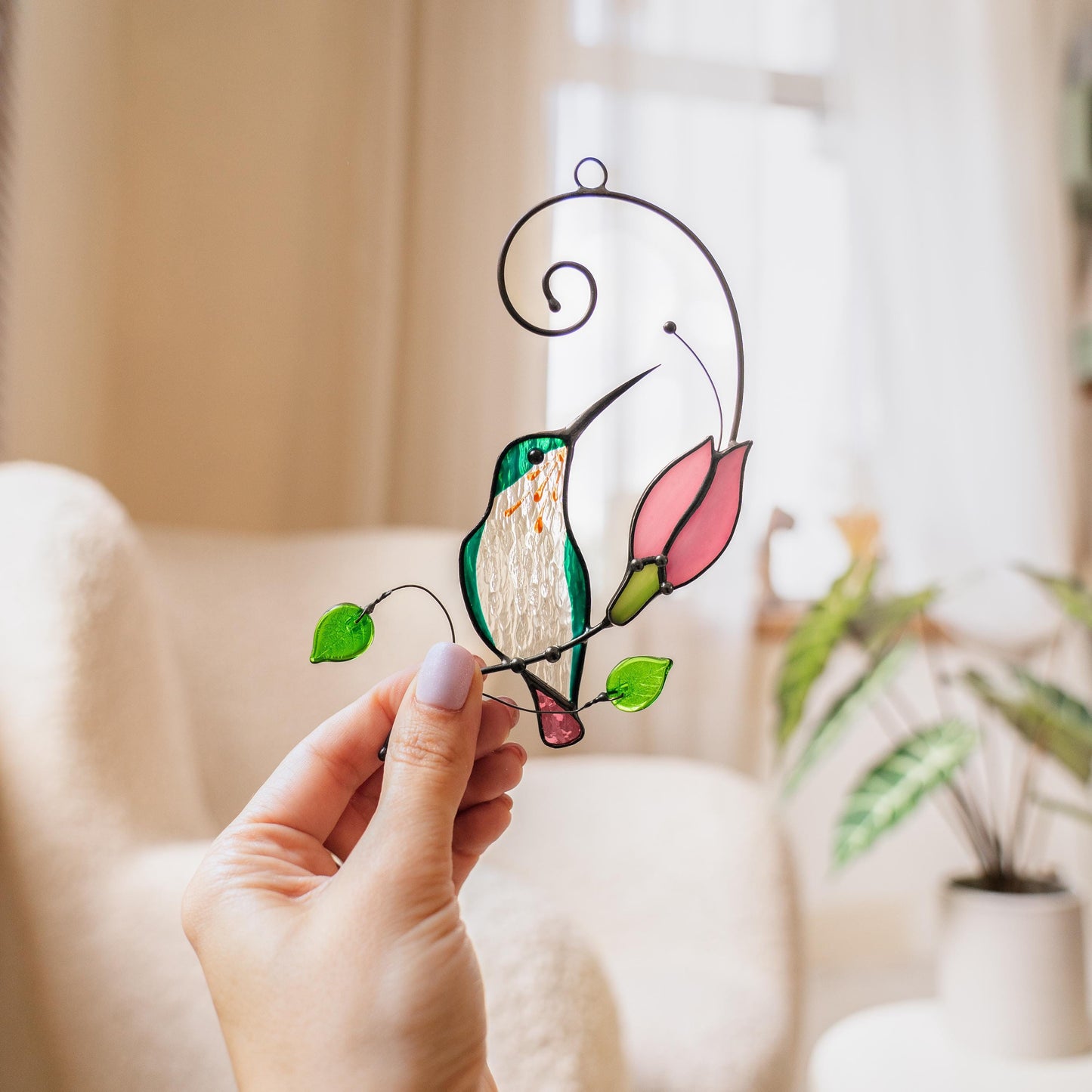 Hummingbird stained glass suncatcher, Pink flower window art gift for mom - Image 2