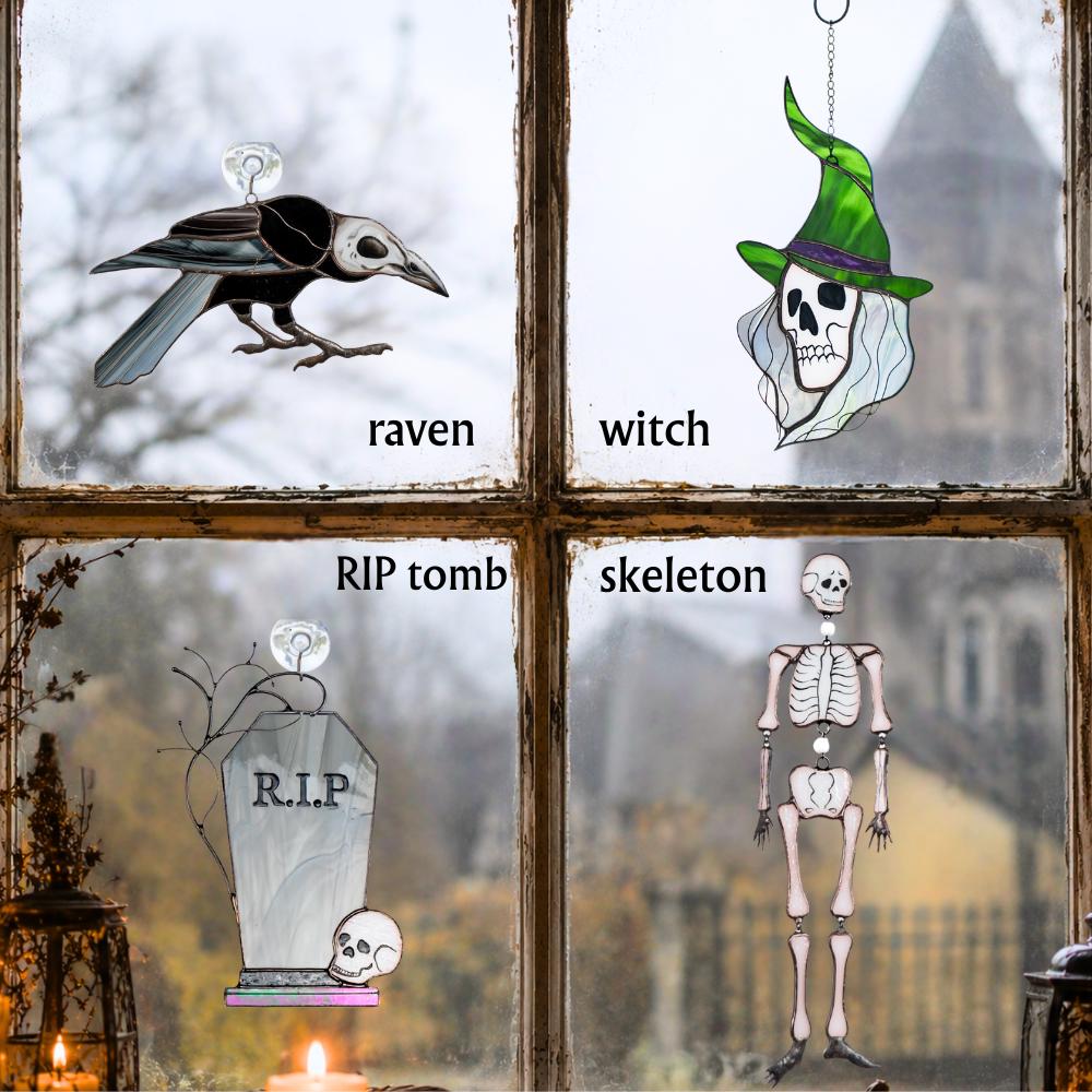 Stained glass witch suncatcher Witchy skull decor window hanging - Image 3