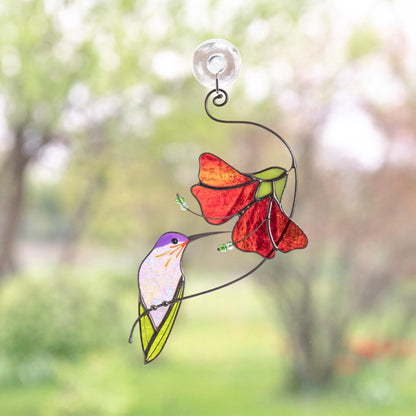Hummingbird with red hibiscus stained glass suncatcher, Colorful bird art gift for bird lovers - Image 1