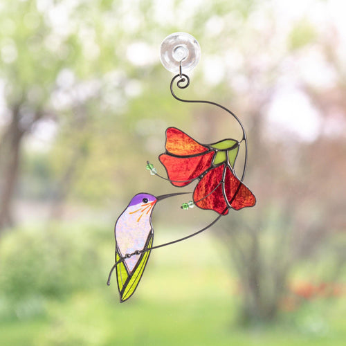 Hummingbird with red hibiscus stained glass suncatcher, Colorful bird art gift for bird lovers - Image 1