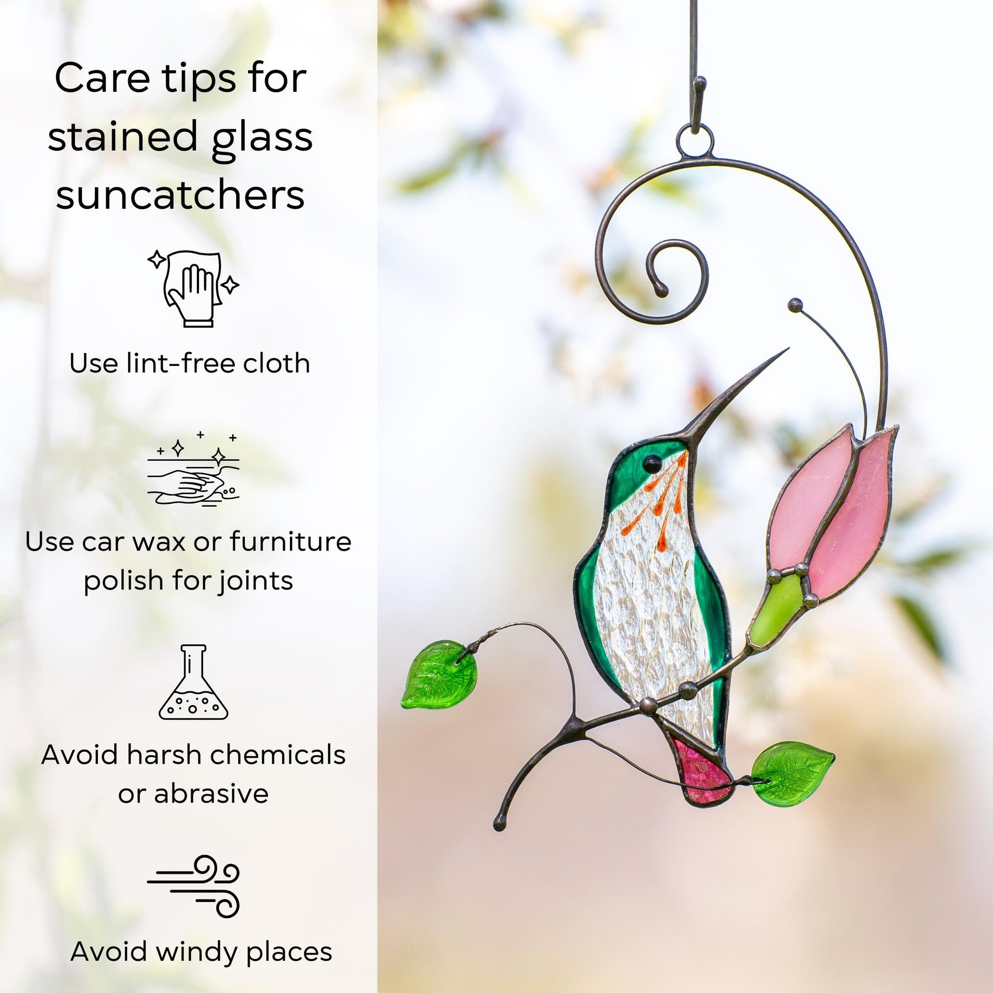 Hummingbird stained glass suncatcher, Pink flower window art gift for mom - Image 18