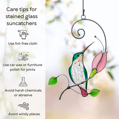 Hummingbird stained glass suncatcher, Pink flower window art gift for mom - Image 18
