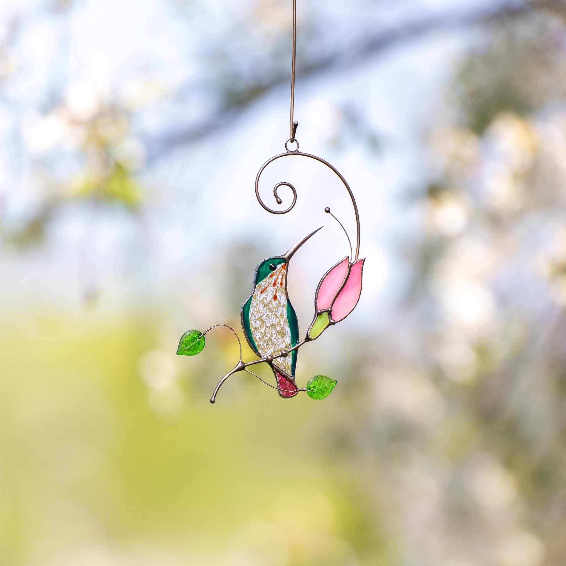 Hummingbird stained glass suncatcher, Pink flower window art gift for mom - Image 20
