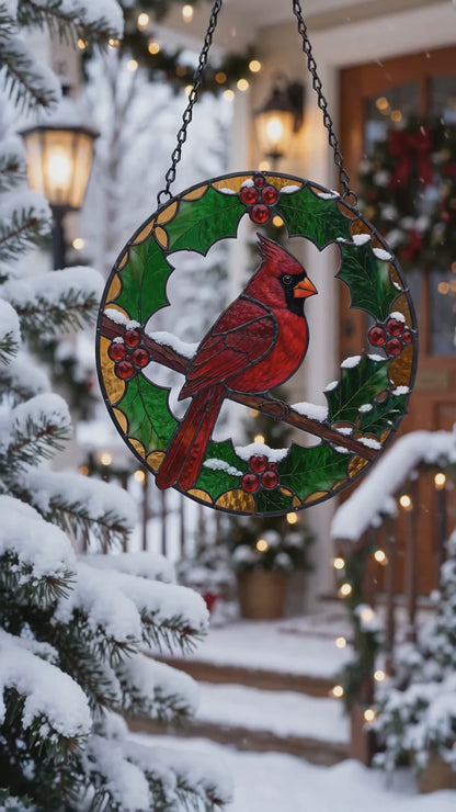 Snowy Holly Wreath Cardinal Stained Glass Suncatcher