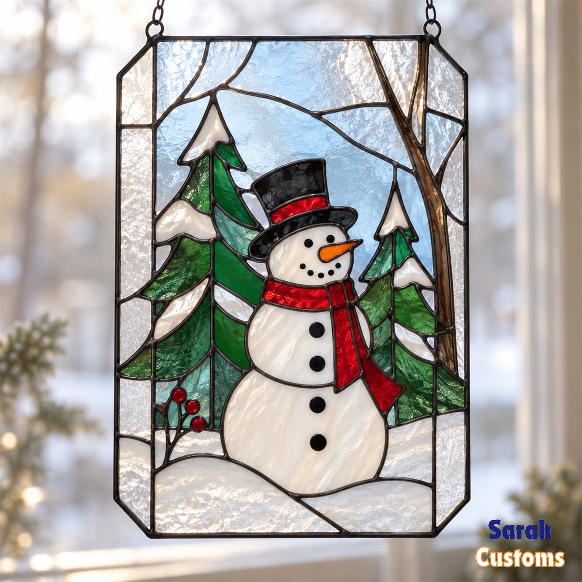 Snowman in Snowy Forest Christmas Window Suncatcher
