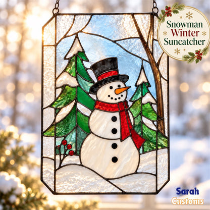 Snowman in Snowy Forest Christmas Window Suncatcher