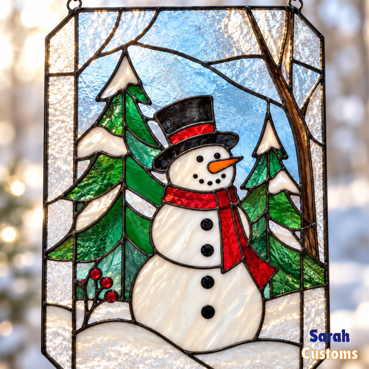 Snowman in Snowy Forest Christmas Window Suncatcher