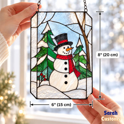 Snowman in Snowy Forest Christmas Window Suncatcher
