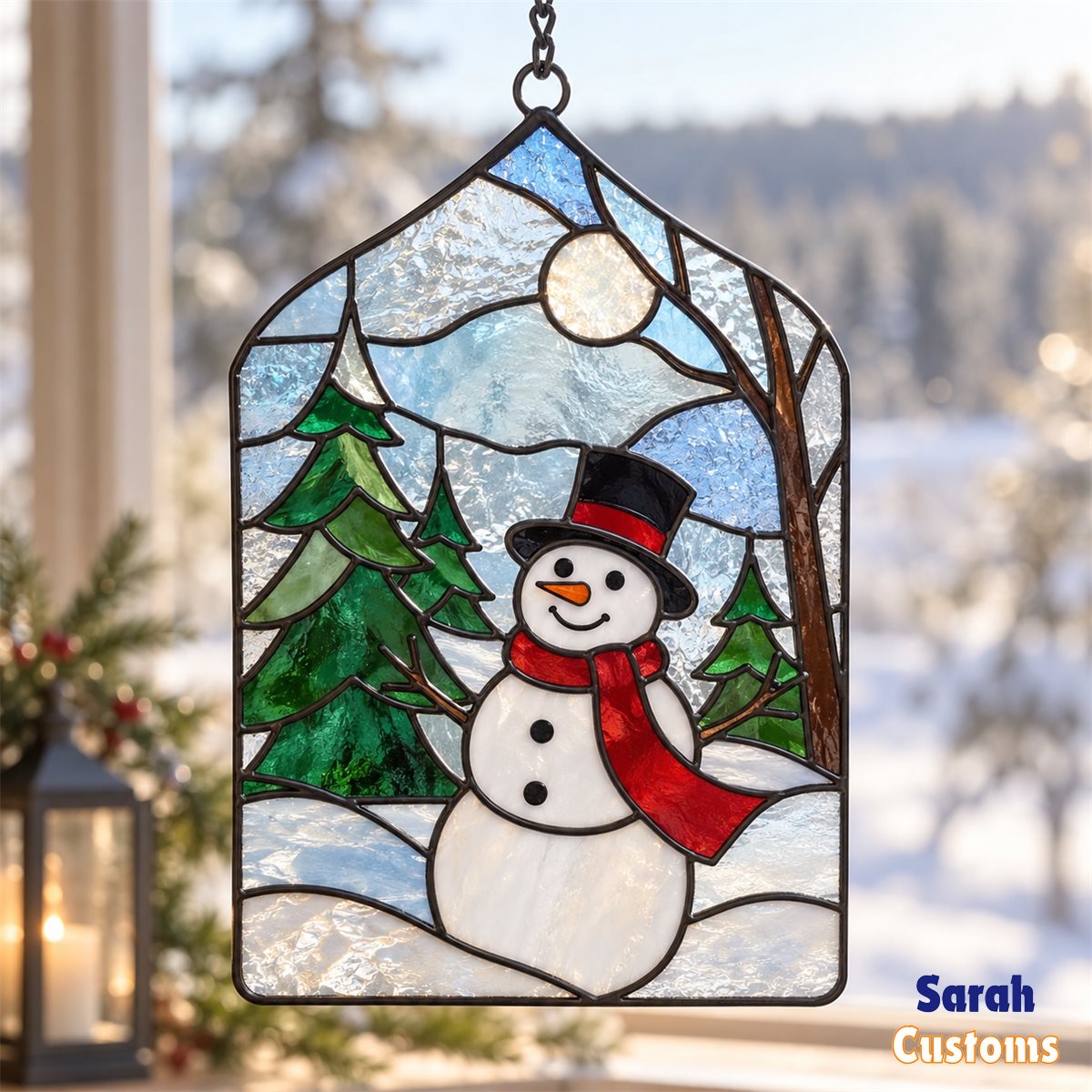 Snowman in Snowy Pine Forest Christmas Suncatcher