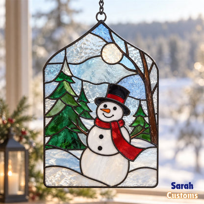 Snowman in Snowy Pine Forest Christmas Suncatcher