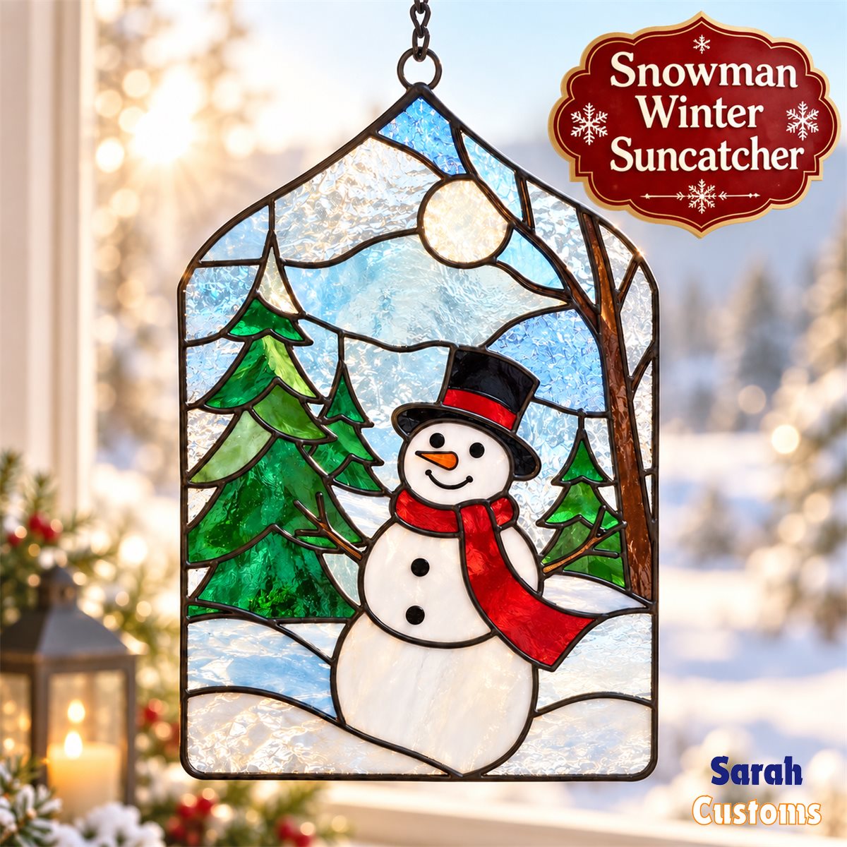 Snowman in Snowy Pine Forest Christmas Suncatcher