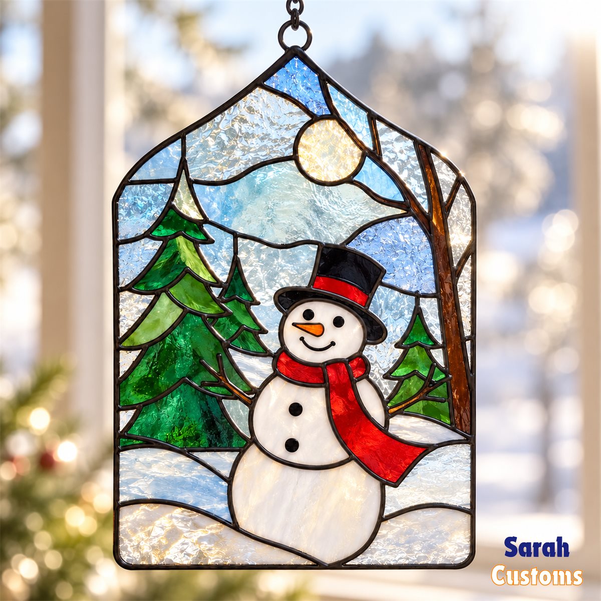 Snowman in Snowy Pine Forest Christmas Suncatcher