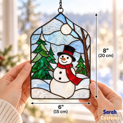 Snowman in Snowy Pine Forest Christmas Suncatcher